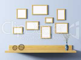 Wooden frames above shelf 3d rendering