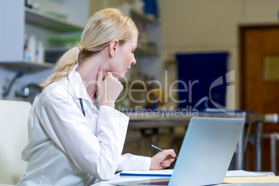 A woman vet taking notes and using her laptop