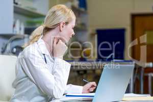 A woman vet taking notes and using her laptop