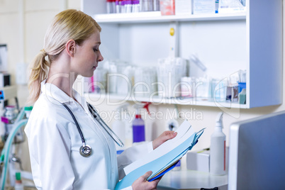 A woman vet reading her report