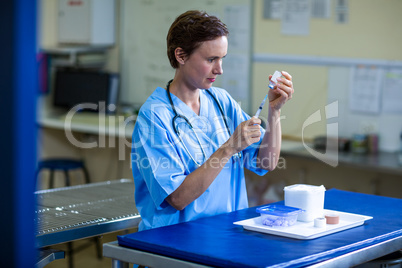 A woman vet preparing a syringe