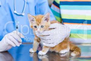 Close up of woman vet bringing a kitten and a syringe