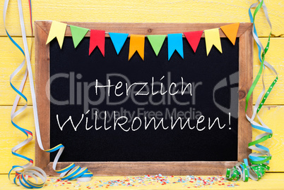 Chalkboard With Party Decoration, Text Herzlich Willkommen Means Welcome