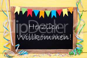 Chalkboard With Party Decoration, Text Herzlich Willkommen Means Welcome