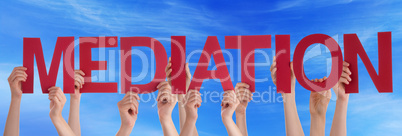 Many People Hands Holding Red Straight Word Mediation Blue Sky