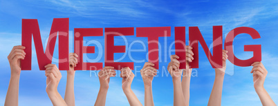 Many People Hands Holding Red Straight Word Meeting Blue Sky