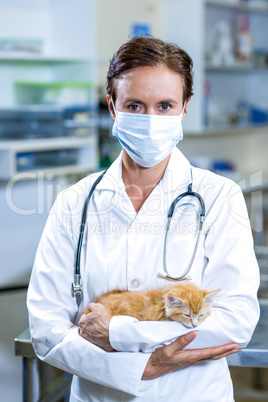 Woman vet holding a cute kitten in her arms