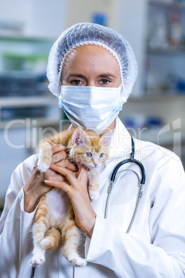 Portrait of vet with mask holding a cute kitten