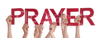 Many People Hands Holding Red Straight Word Prayer