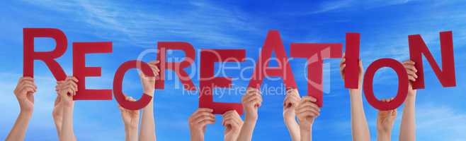 Many People Hands Holding Red Word Recreation Blue Sky