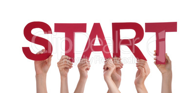 Many People Hands Holding Red Straight Word Start