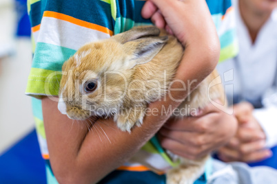 Close up on a rabbit in little owners arms