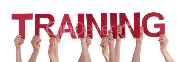Many People Hands Holding Red Straight Word Training