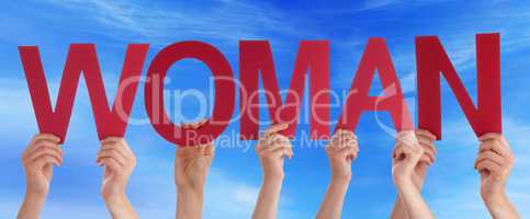 Many People Hands Holding Red Straight Word Woman Blue Sky