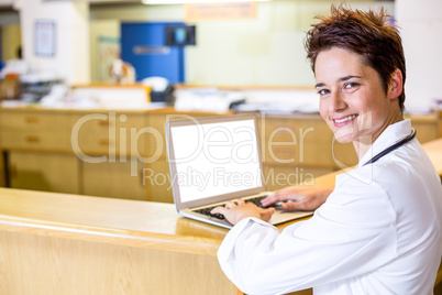 Woman vet front the back smiling and using a laptop
