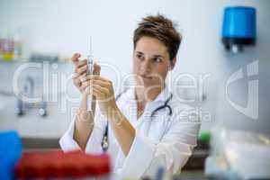 Portrait of woman vet holding a syringe