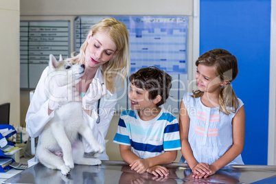Woman vet examining a cute puppy with two children