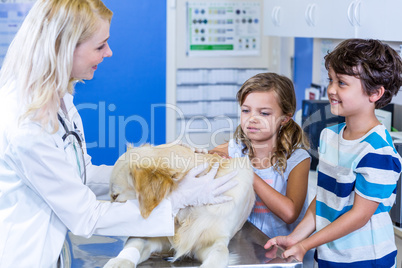 Woman vet examining a dog with two children