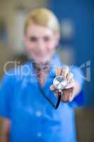 Close up on the vet hand holding a stethoscope