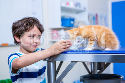 A little boy giving water to his kitten