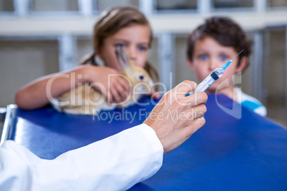 Close up of woman vet holding a syringe