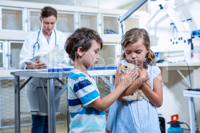 Children petting a rabbit