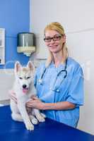 Portrait of woman vet petting a dog