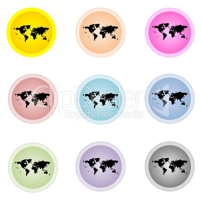 Set of colorful buttons with worldmap