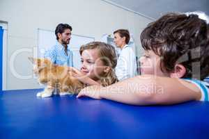 Children petting a kitten