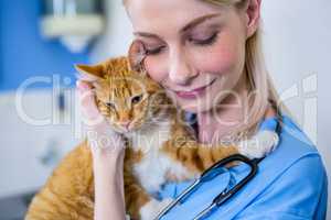 A woman vet petting a cat