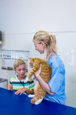 A little boy examining his cat