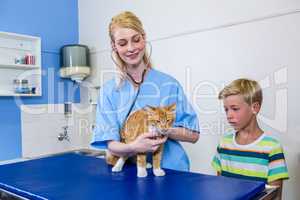 A woman vet examining a cat