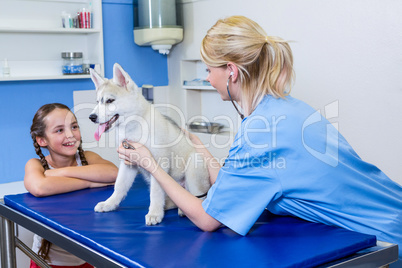 A woman vet examining a dog in front of a little girl