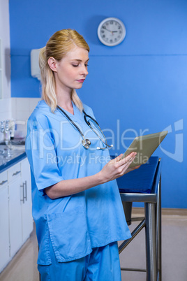 A woman vet looking her tablet computer A woman vet looking her tablet computer