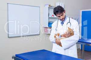 Vet holding a cat in his arms