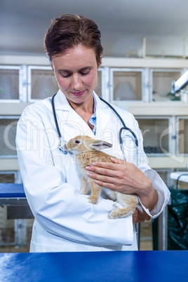 A smiling vet looking at a rabbit