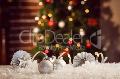 Composite image of Christmas baubles