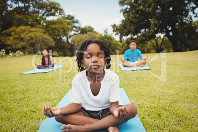 Portrait of a young boy doing yoga with other children