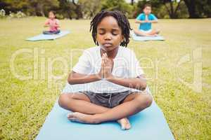 Close up on a young boy doing yoga with other children