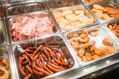 Sales counter with meat