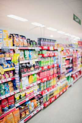 Side view of supermarket shelves