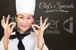 Composite image of woman chef satisfying
