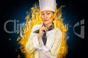 Composite image of portrait of thoughtful female cook in kitchen