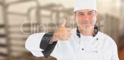 Composite image of friendly chef smiling with thumbs up