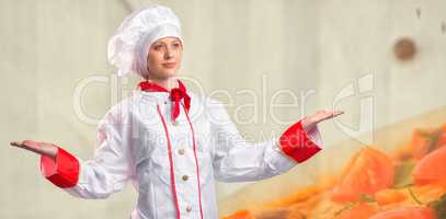 Composite image of pretty chef standing with hands out