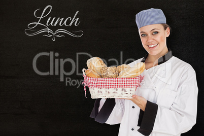 Composite image of woman in chef uniform with bread basket