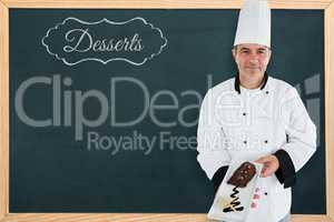 Composite image of portrait of a chef presenting a chocolate cakes