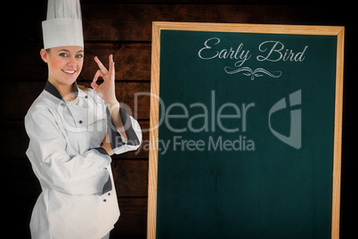 Composite image of satisfying woman chef