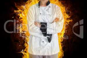 Composite image of portrait of confident female chef