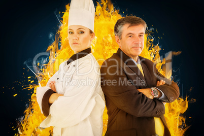 Composite image of portrait of chef and businessman back to back